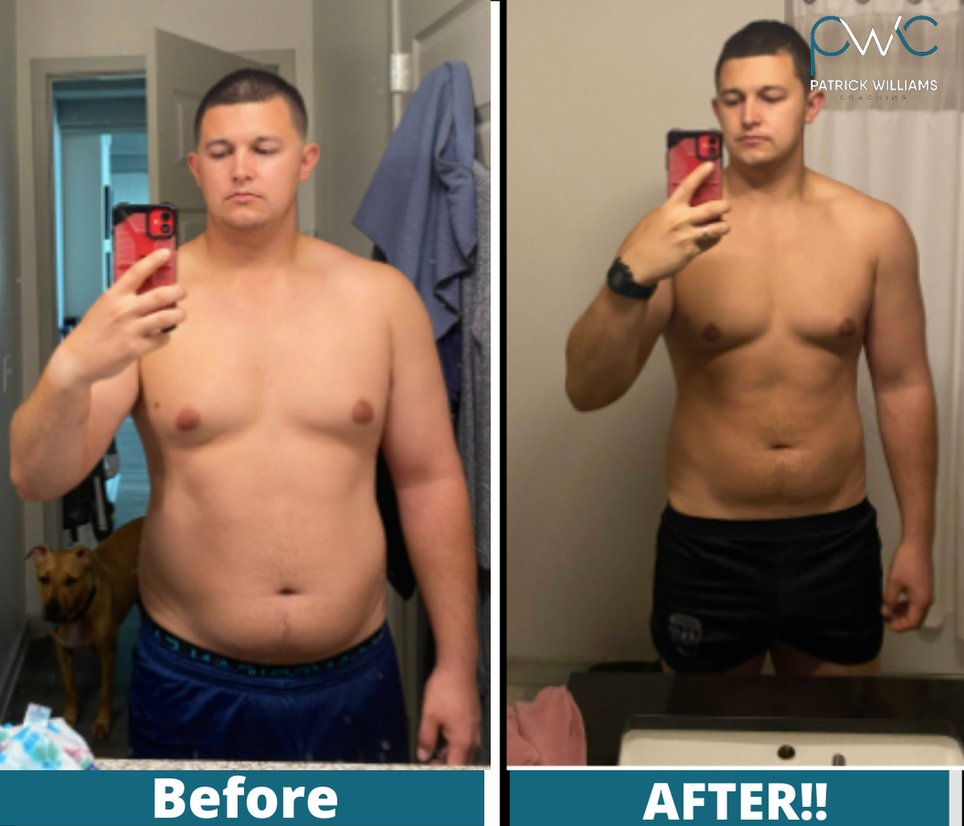 Tyler's before and after transformation with Patrick Williams Coaching — man taking mirror photo