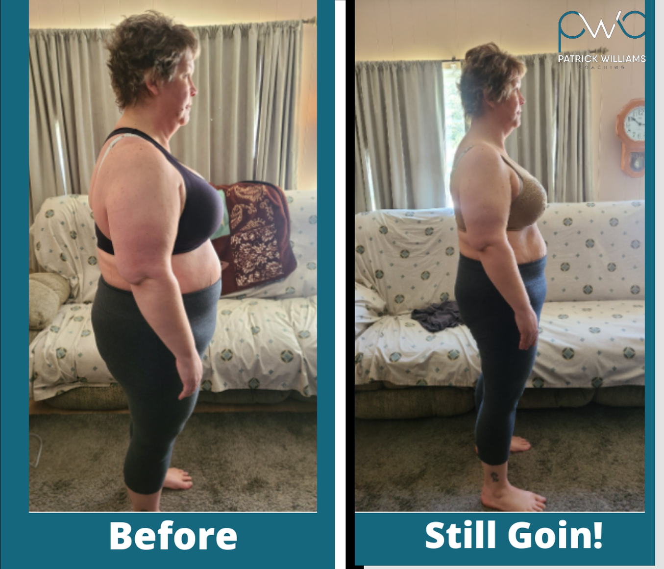 Keri's before and after transformation with Patrick Williams Coaching — woman side profile