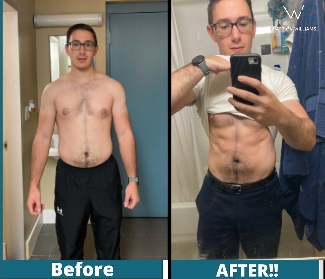 Levan's before and after transformation with Patrick Williams Coaching — man in glasses