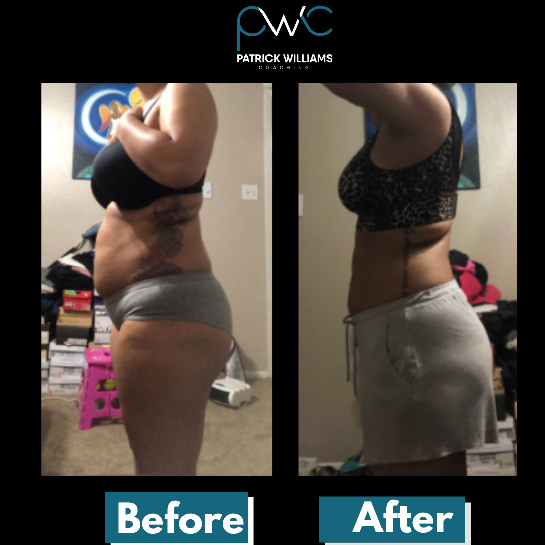 Before and after side-profile fitness transformation with Patrick Williams Coaching