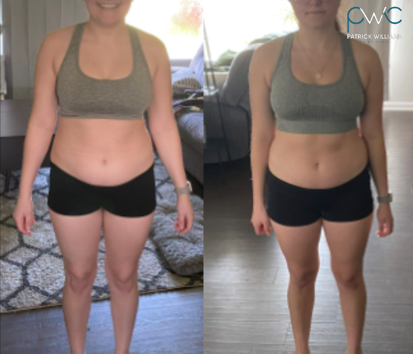 Megan's before and after transformation with Patrick Williams Coaching — woman in grey sports bra