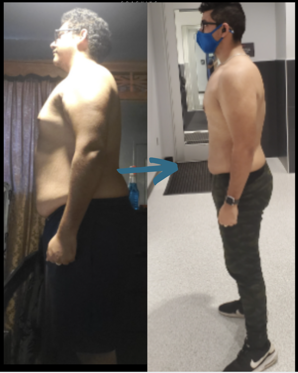 Before and after men's side-profile fitness transformation with Patrick Williams Coaching