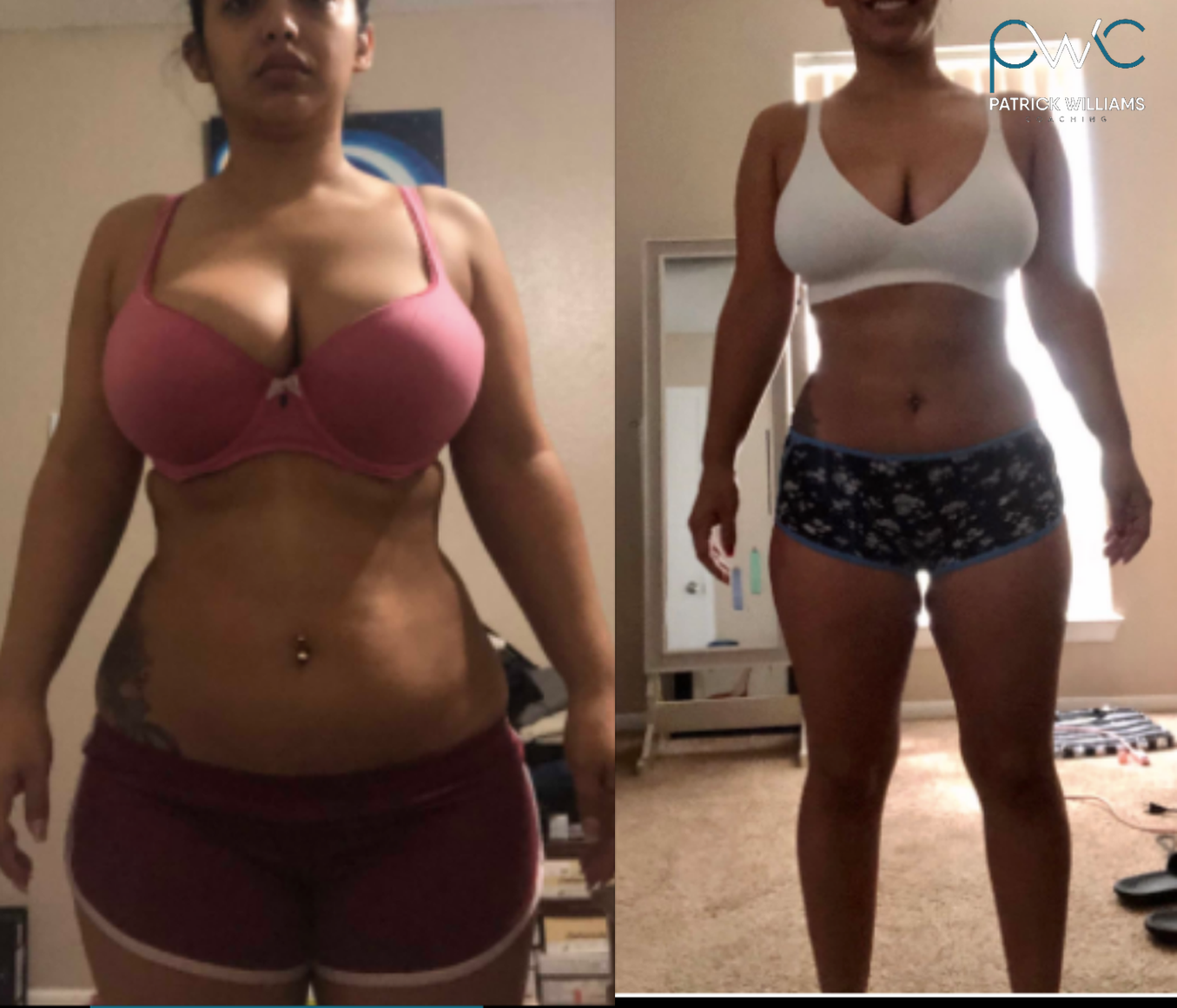Hope's before and after transformation with Patrick Williams Coaching — woman in white sports bra
