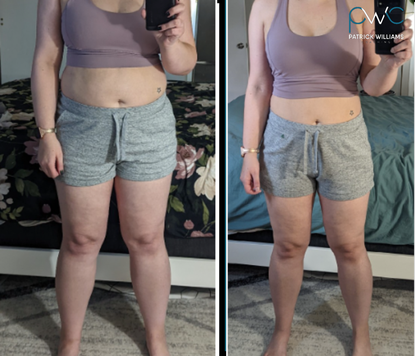Brett's before and after transformation with Patrick Williams Coaching — woman in mirror selfie